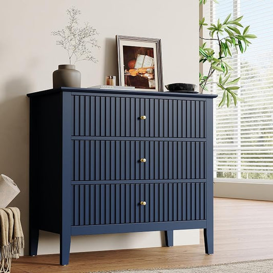 RoyalCraft 32" Large Nightstand, Fluted Painted Bedside Table with 3 Spacious Drawers, Modern Tall End Table for Bedroom, Blue
