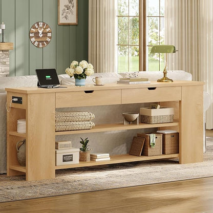 71.8 Inch Extra Long Console Table with Drawers, Farmhouse Long Console Table with Shelves & Built-in Outlets, Entryway Table with Storage for Living Room, Entryway, Hallway, Natural