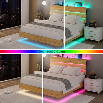 Feonase Floating Bed Frame Queen with Led Lights and Charging Station, Wood Full Size Bed Frame with Storage Headboard, Heavy Duty Metal Slats, No Box Spring Needed, Easy Assembly,Oak