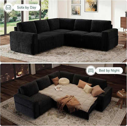 HONBAY Modular Sectional Sleeper Sofa with Pull Out Bed,Corduroy L Shaped Couch with Storage, Sectional Couches for Living Room,Black