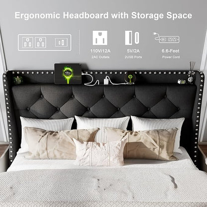 Feonase Full Size Bed Frame with Luxury Wingback and Fast Charging Station,Full Upholstered Button Tufted Storage Headboard Platform Bed,Sturdy Wooden Slats Support,Noise-Free,Easy Assembly,Black