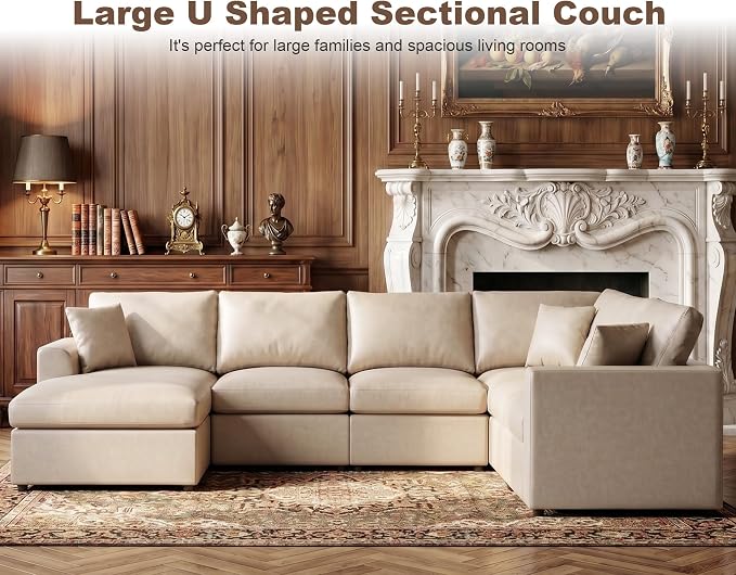 Oversized Faux Leather Modular Sectional Sofa for Living Room | with Ottoman, Extra Deep Seat, Pet-Friendly, Easy to Clean, Large 7 Seater U Shaped Cloud Couch, Beige