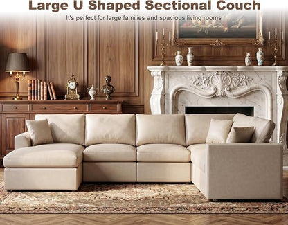 Oversized Faux Leather Modular Sectional Sofa for Living Room | with Ottoman, Extra Deep Seat, Pet-Friendly, Easy to Clean, Large 7 Seater U Shaped Cloud Couch, Beige