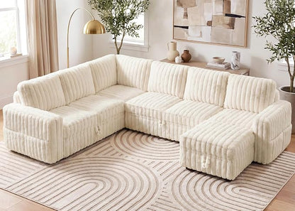 HONBAY Plush Corduroy Modular Sectional Sofa with Pull Out Bed, Convertible U Shaped Couch with Storage,Sleeper Sectional Couches for Living Room,Plush Beige
