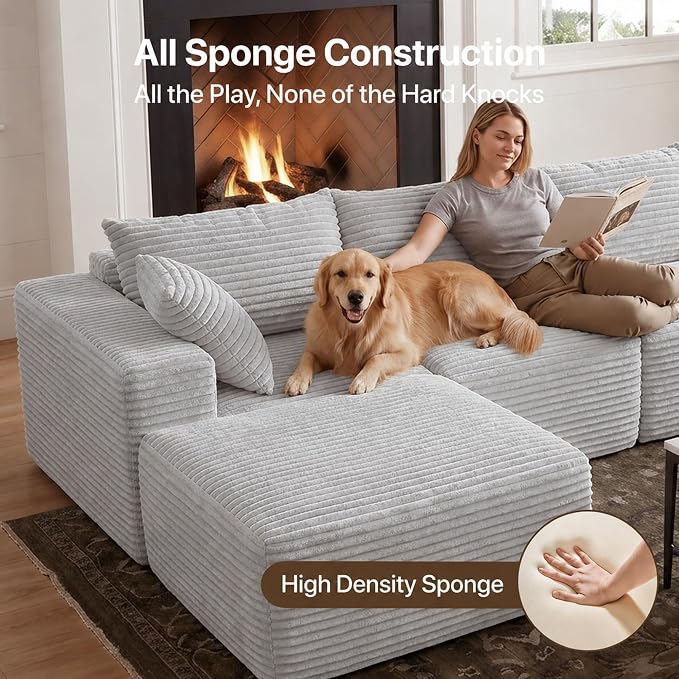 Claiks 120" Boneless Couch, Cloud Couch Sectional, U-Shape Corduroy Modular Sectional Sofa Deep Seat, Upholstered Couches for Living Room, No Assembly Required, Light Grey