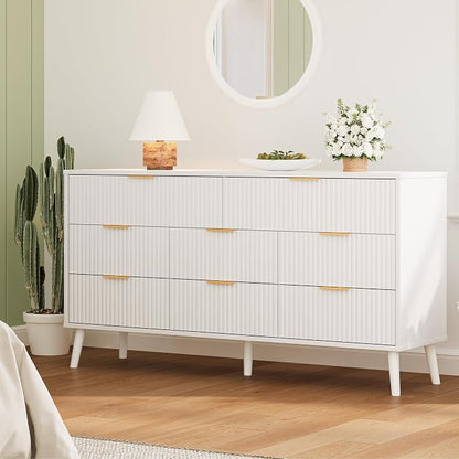 Fluted Dresser for Bedroom with 8 Drawers, Wooden Dresser with Metal Handle, White Dresser for Bedroom, Wood Closet for Hallway, Modern Storage Organizer for Living Room BDR104WW