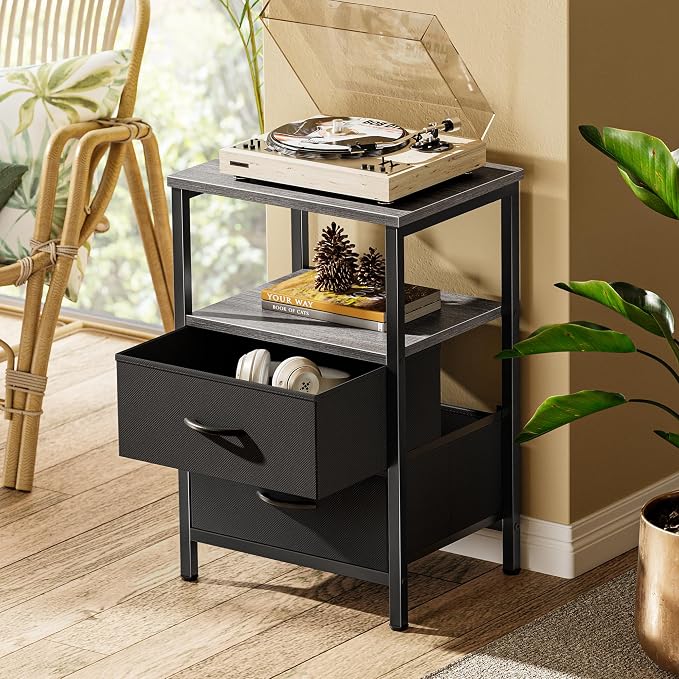 Huuger Night Stand with 2 Drawers, Bed Side Table with Open Shelf, Wooden Top, Nightstand for Bedroom, End Table for Small Space, Fabric Drawer, Grey