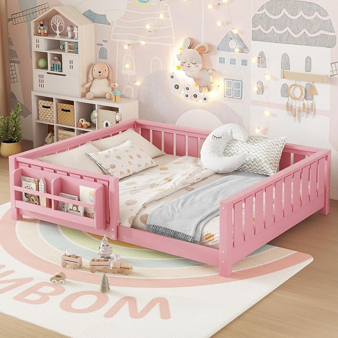 Bellemave Full Floor Bed with Slats and Rails, Full Size Montessori Floor Bed with Bookcase and Fence, Easy Assemble Montessori Beds for Girls, Boys, Pink Floor Beds