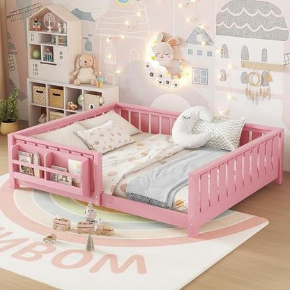 Bellemave Full Floor Bed with Slats and Rails, Full Size Montessori Floor Bed with Bookcase and Fence, Easy Assemble Montessori Beds for Girls, Boys, Pink Floor Beds