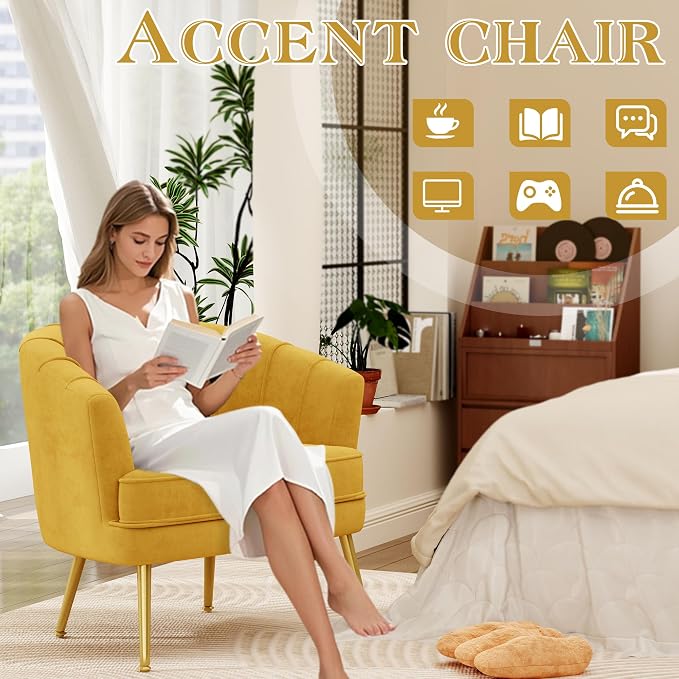 Andeworld Velvet Accent Chair, Upholstered Modern Single Sofa Side Chair,Comfy Barrel Club Living Room Armchair with Golden Metal Legs for Bedroom Living Reading Room Office, Yellow