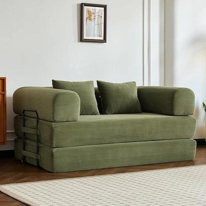 ZEIINPA 59“ Convertible Floor Sofa Bed, 5-in-1 Futon Sofa Bed Pull Out Sleeper Couch, Modern Corduroy Compressed Loveseat, Modular Boneless Couches for Living Room, No Assembly Required, Green