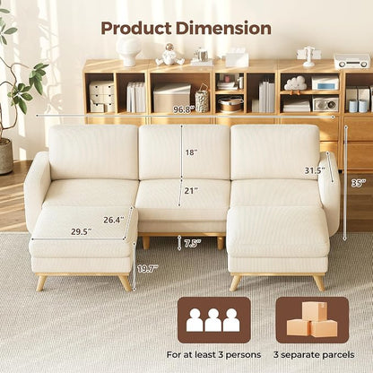 Vesgantti 97" Modular Sectional Sofa Beige, U-Shaped Couch with Movable Ottoman, Comfy Corduroy Couch with Spring Cushion, Modular Sofa with Deep Seat for Living Room, Bedroom and Apartment