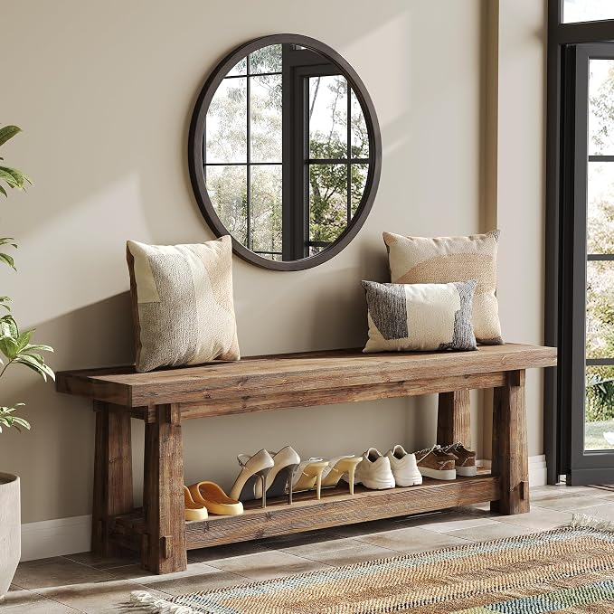 55" Solid Wood Entryway Bench with Shoe Storage, Rustic Charred Wood Grain Foyer Bench with Open Shelf for Hallway, Mudroom, Bedroom, Easy Assembly