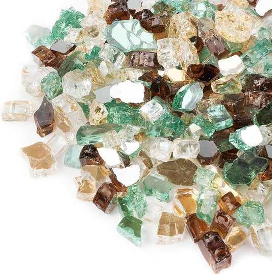 GASPRO 10 lbs Fire Glass for Propane Fire Pit, 1/2-Inch Reflective Fireplace Glass Rocks for Fire Pit Table, Gold Copper Green