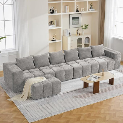 160" Boneless Couch, Oversized Cloud L Shaped Couch, Modular Sectional Sofa with Deep Seat, Modern 6 Seater Sectional Couches for Living Room Bedroom, Tufted Sofa, No Assembly Required, Light Grey