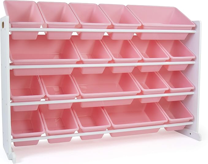 Humble Crew Toy Storage Organizer with 20 Removable Storage Bins for Kids Playroom, 4-Tier Toddler Toy Organization and Storage, White/Pink