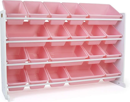 Humble Crew Toy Storage Organizer with 20 Removable Storage Bins for Kids Playroom, 4-Tier Toddler Toy Organization and Storage, White/Pink