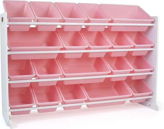Humble Crew Toy Storage Organizer with 20 Removable Storage Bins for Kids Playroom, 4-Tier Toddler Toy Organization and Storage, White/Pink