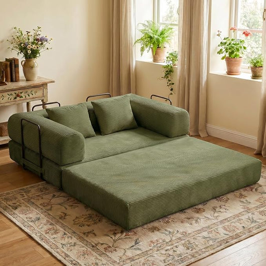 ZEIINPA 59“ Convertible Floor Sofa Bed, 5-in-1 Futon Sofa Bed Pull Out Sleeper Couch, Modern Corduroy Compressed Loveseat, Modular Boneless Couches for Living Room, No Assembly Required, Green