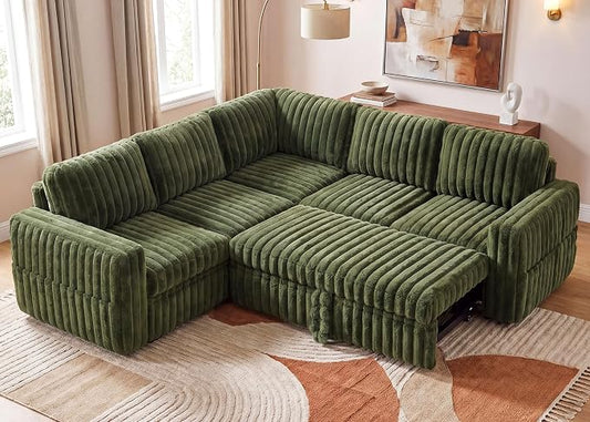 HONBAY Plush Corduroy Modular Sectional Sofa with Pull Out Bed, Convertible L Shaped Couch with Storage,Sleeper Sectional Couches for Living Room,Plush Green