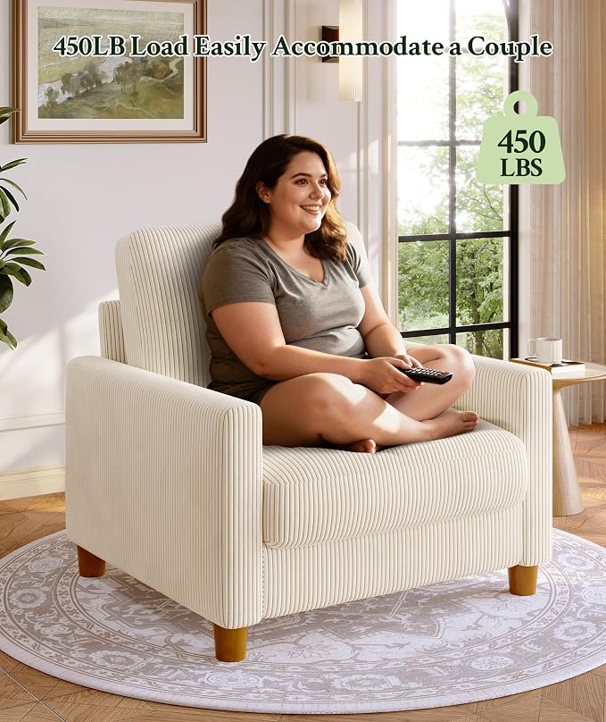 Welzona 35.3" Couches for Living Room, Comfy Beige Couch Single with 22.5" Deeper Seat, Accent Chair Tool-Free Setup, Reading Chair 440lbs Support, Corduroy Couch for Bedroom, Apartment, Office