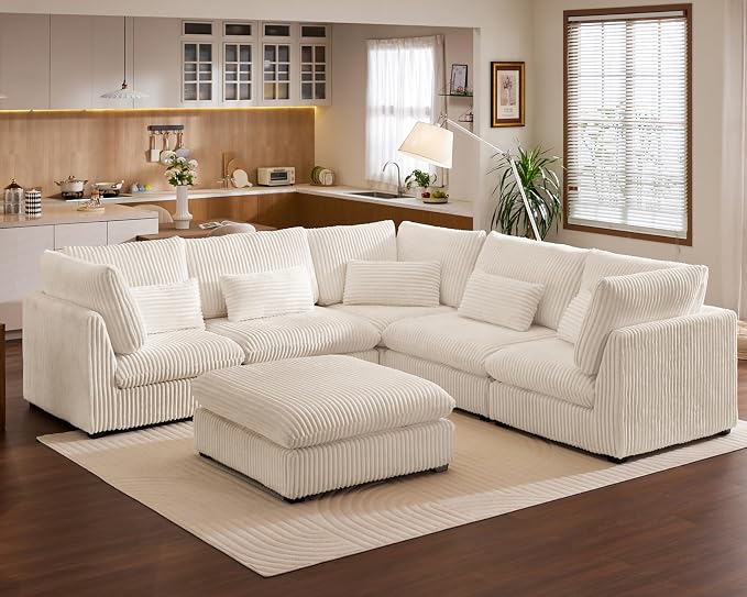 115" Oversized Corduroy Couch Modular Sectional Sofa, Washable Cloud Couch Sectional with Ottoman, 6 Seater Sectional Couches for Living Room, Fully Cover Removable, V Shaped & Corner, Corduroy, White