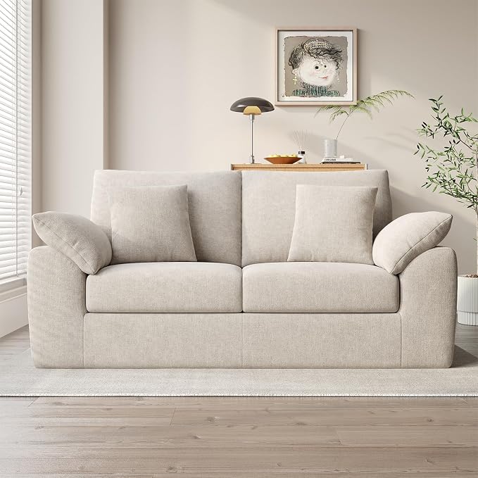 75.6" Modern Loveseat Sofa for Living Room, Cloud Boneless Couches with 4 Pillows, Mid Century Loveseat couches for Small Place, No Assembly Required, Camel