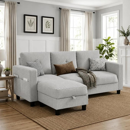 Convertible Sectional Sofa with Storage Ottoman, 77” L-Shaped 3-Seat Couch with Skin-Friendly Corduroy Fabric, Reversible Small Sectional for Small Space, Apartment, Living Room and Office (Grey)