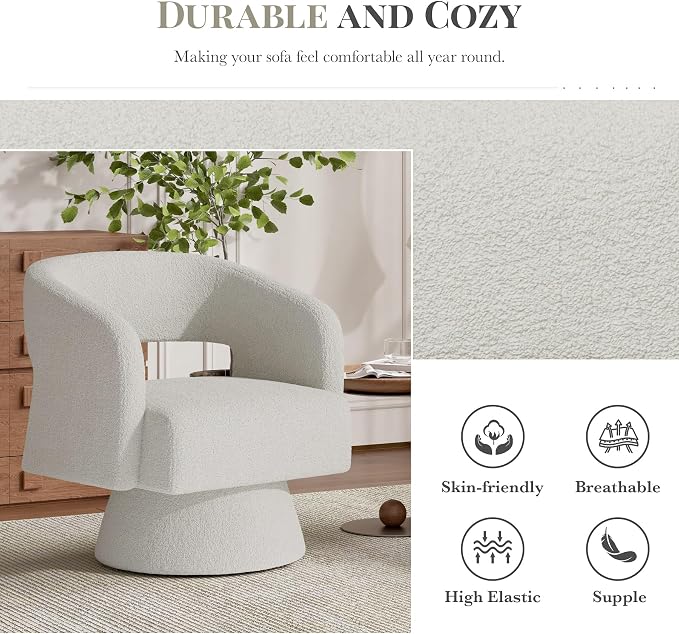 Swivel Barrel Accent Chair,Oversized Teddy Upholstered Round Swivel Chair,Modern Luxury 360 Degree Living Room Vanity Chair for Bedroom Office,White
