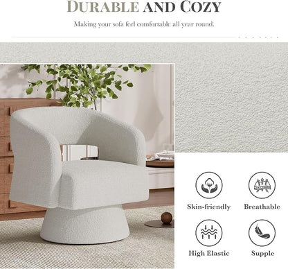 Swivel Barrel Accent Chair,Oversized Teddy Upholstered Round Swivel Chair,Modern Luxury 360 Degree Living Room Vanity Chair for Bedroom Office,White
