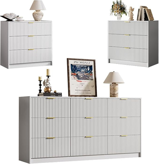MAISONARIA 3-Piece Dresser Bedroom Set, 9 Drawer Dresser & 3 Drawer Nightstands with Gold Handles, Fluted Wood Chest of Drawers for Bedroom, Living Room, Entryway, White