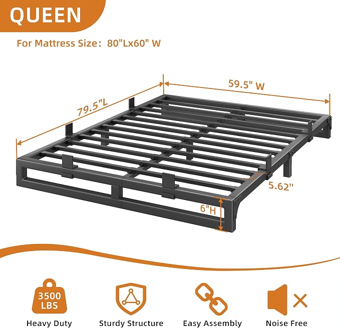 Queen Bed Frame, 6 Inch Metal Platform Bed Frames with Squeak Free U-Slot Design, 6 Non-Slip Guards, 3500lbs Heavy Duty Steel Slat Support, No Box Spring Needed, Under Bed Storage, Black