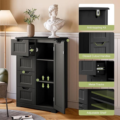 Gizoon Small Pantry Cabinet with Door and Shelves, 33'' Kitchen Pantry Cabinet Freestanding Wooden Bathroom Storage Cabinet with 4 Drawers for Kitchen and Dining Room, Black, Painted