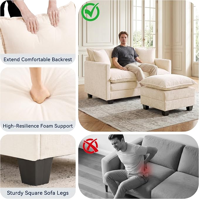 L-Shape Loveseat Sofa Couch with Ottoman, Small 50" Love Seat 27" Deep Cloud Sofa Washable Chenille Pillow for Apartment Bedroom Dorm Attic Studio Office Living Room Small Space 8833-BEIGE-L-1