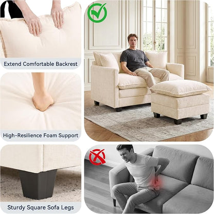L-Shape Loveseat Sofa Couch with Ottoman, Small 50" Love Seat 27" Deep Cloud Sofa Washable Chenille Pillow for Apartment Bedroom Dorm Attic Studio Office Living Room Small Space 8833-BEIGE-L-1