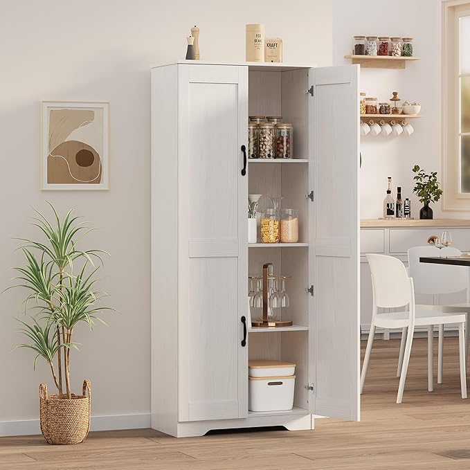 Garvee Kitchen Pantry Cabinet, Freestanding White Pantry Storage Cabinet, 60 in Cupboard, Tall Bathroom Storage Cabinet with 2 Doors and Adjustable Shelves, for Dining Room, Living Room, White