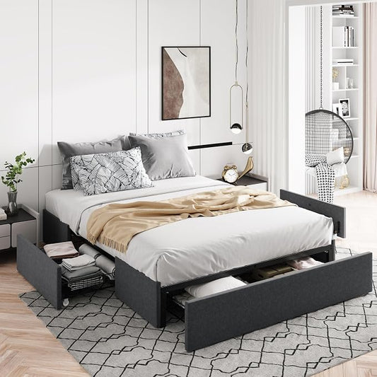 Allewie Queen Size Platform Bed Frame with 3 Storage Drawers, Fabric Upholstered, No Box Spring Needed, Metal Slats Support, Easy Assembly, Dark Gray