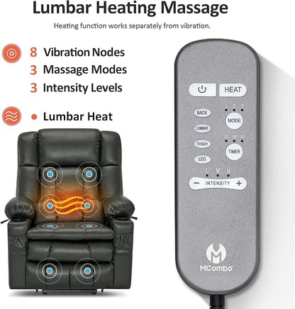 MCombo Large Dual Motor Power Lift Recliner Chair for Elderly, Zero Gravity Lift Chair with Heat and Massage, Infinite Position Lay Flat Recliner, USB Ports, Faux Leather 7896 (Grey, Large)