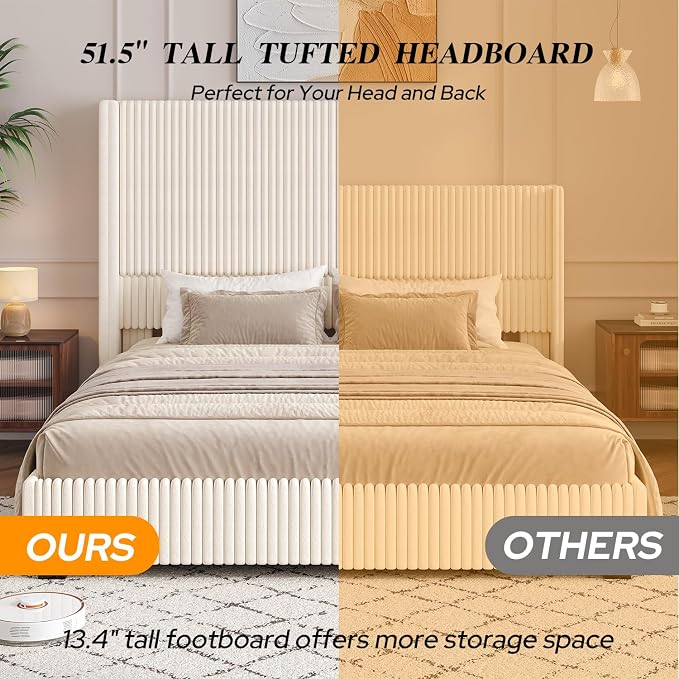 UNIQUITE King Size Lift Up Storage Bed Frame with 51 Inch Tall Wingback Headboard, Corduroy Upholstered Platform Bed with Hydraulic Storage, 2 USB Ports, No Box Spring Needed, Noise-Free, Beige