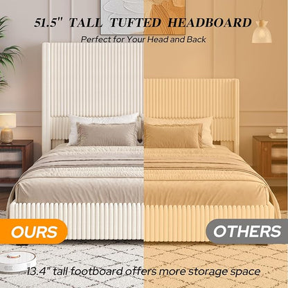 UNIQUITE King Size Lift Up Storage Bed Frame with 51 Inch Tall Wingback Headboard, Corduroy Upholstered Platform Bed with Hydraulic Storage, 2 USB Ports, No Box Spring Needed, Noise-Free, Beige