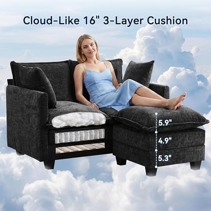 L-Shape Loveseat Sofa Couch with Ottoman, Small 50" Love Seat 27" Deep Cloud Sofa Washable Chenille Pillow for Apartment Bedroom Dorm Attic Studio Office Living Room Small Space 8833-BLACK-L