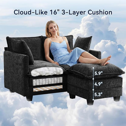 L-Shape Loveseat Sofa Couch with Ottoman, Small 50" Love Seat 27" Deep Cloud Sofa Washable Chenille Pillow for Apartment Bedroom Dorm Attic Studio Office Living Room Small Space 8833-BLACK-L
