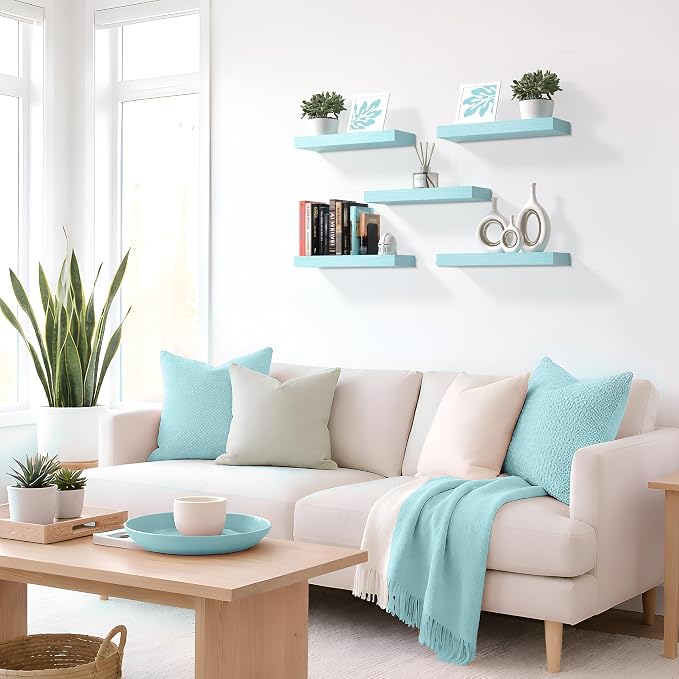 Sorbus Floating Shelves for Wall – 16 Inch Floating Shelf for Kitchen, Bedroom, Living Room, Bathroom, Home & Wall Decor - Mounted Bathroom Shelves with Invisible Brackets (Breezy Blue, 3 Pack)