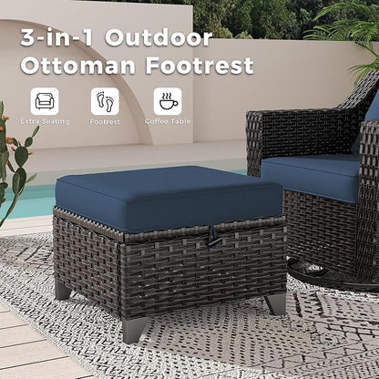 6 Pieces Patio Conversation Furniture Set - 2 Sofas, 2 Armchairs, 2 Ottomans, Outdoor Wicker Furniture with Removable Cushions for Porch, Balcony, Sunroom (Blue)