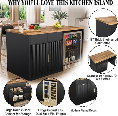 GDLF 60.7" W Large Kitchen Island with Storage and Fridge Space, Modern Kitchen Bar Island Table and Dining Table with Drawers