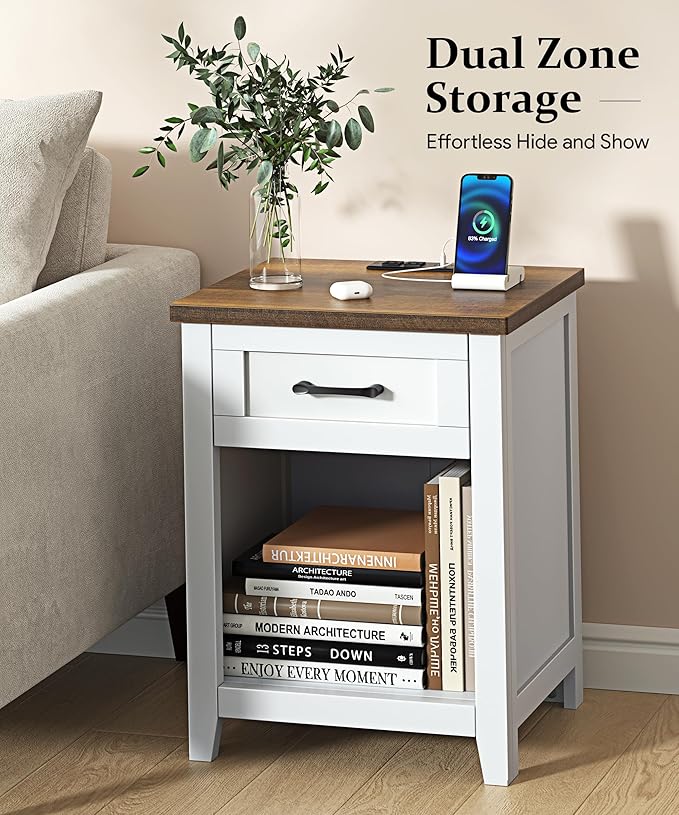 Decofy Farmhouse Nightstand with Charging Station & Large Storage, Modern End Tables with Outlets, USB Ports and Type-C Ports, Easy Assembly for Bedroom (Pure White + Walnut)