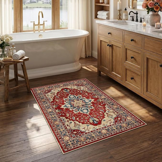 RELEANY Area Rugs Small 2'6"x4' Washable Non-Slip, Floral Vintage Distress Medallion Carpet for Kitchen Entryway Bathroom, Red Blue