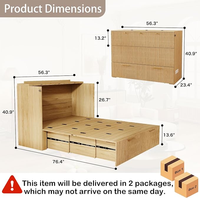 Full Size Murphy Bed Cabinet: Modern Murphy Bed Full Oak, Natural Wood Hidden Beds Cabinet with Charging Station, Contemporary Hideaway Beds for Apartments (Oak-Fluted)
