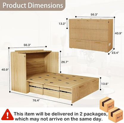 Full Size Murphy Bed Cabinet: Modern Murphy Bed Full Oak, Natural Wood Hidden Beds Cabinet with Charging Station, Contemporary Hideaway Beds for Apartments (Oak-Fluted)