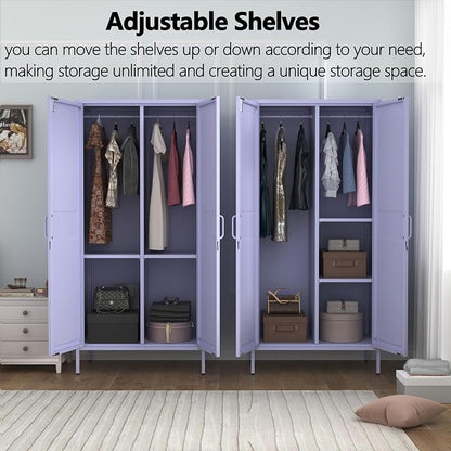 Metal Wardrobe with Lock 67"Clothing Steel Storage Cabinet Locker Hanging Rod And Adjustable Shelves 2 Doors Household kids wardrobe closet Lockers For Bedroom Home Purple Size:67"H X 31.5"W X 18.1"D